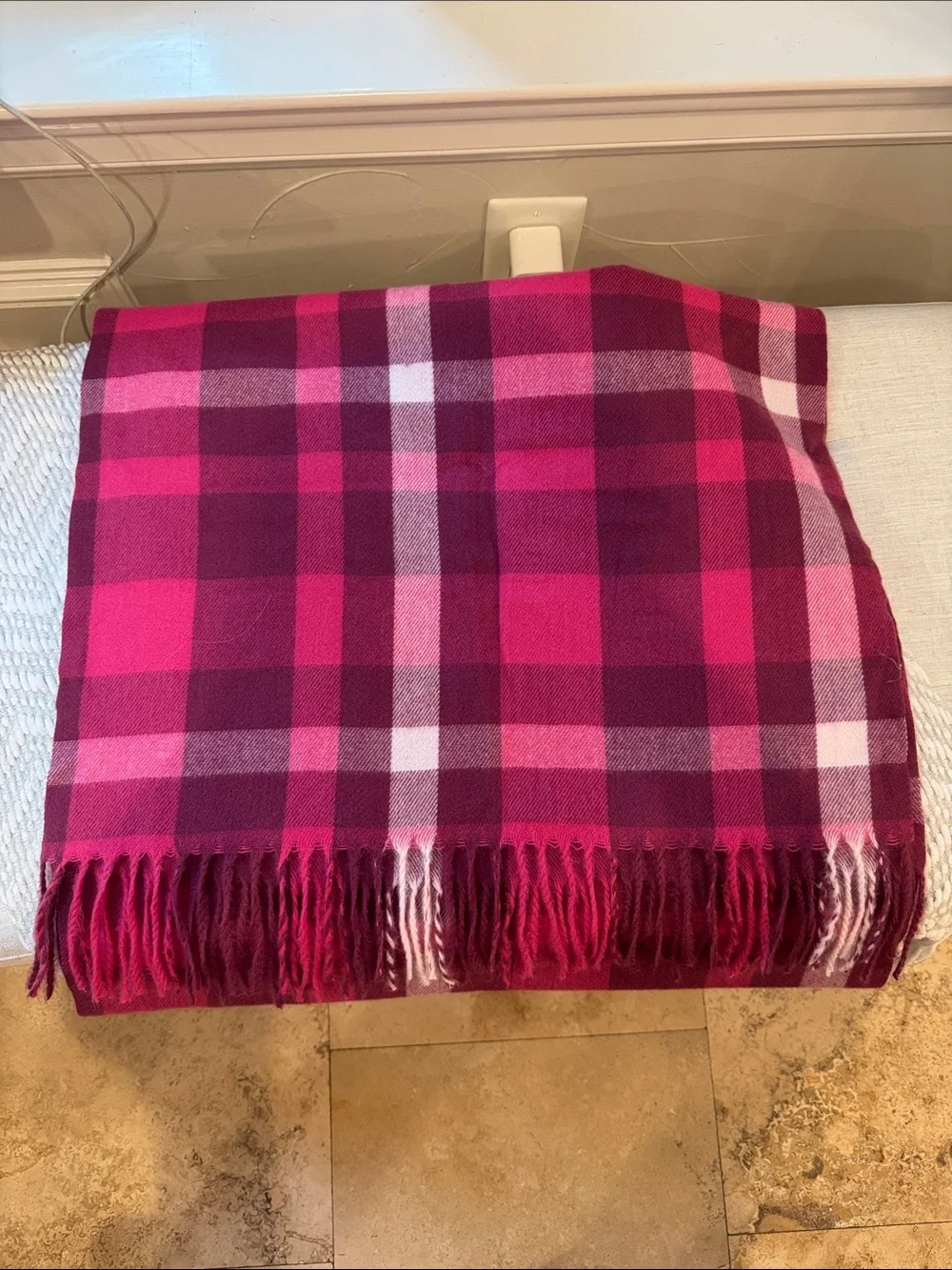 Steve Madden Pink & Magenta Plaid Fringe Scarf